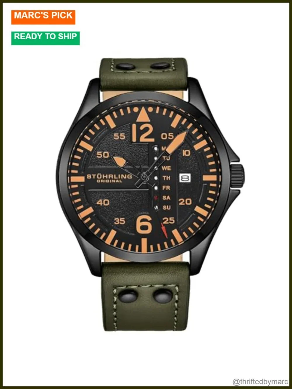 Aviator Watch 42mm Japanese Quartz Day Date Luminous Dial Leather Strap Water